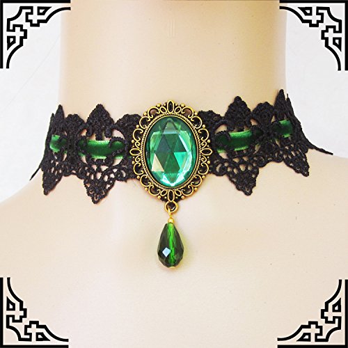 Gothic Lace Choker Vampire Necklace for Women,Black Lace Red Crystal Pendant Necklaces for Halloween,Goth Black Necklace Jewelry Witch Costume Vampire Accessories - style: Style Green