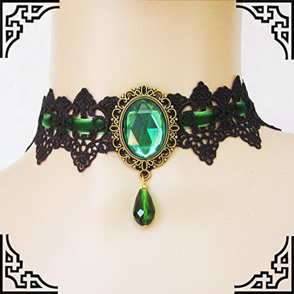 Gothic Lace Choker Vampire Necklace for Women,Black Lace Red Crystal Pendant Necklaces for Halloween,Goth Black Necklace Jewelry Witch Costume Vampire Accessories - style: Style Green