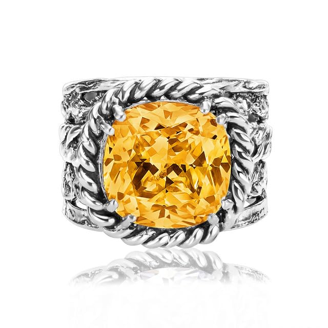 JEAN RACHEL JEWELRY 925 Sterling Silver Braid Leaf Cushion Ring | Ornate statement ring beautifully adorned with sculpted leaf motifs, twisted rope braids, and a CZ center stone. - color: Citrine CZ