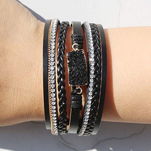 Vercret Leather Wrap Bracelet for Women, Multi-Layer Cuff Bangle | Boho Stacked Bracelets with Safe Clasp Western Bangle Jewelry Gift for Lady and Mom Sister Friend - style: Druzy Black