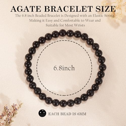 Agate Round Beaded Bracelet for Women Men Natural Agates Stone Healing Bracelets Stretch Elastic Handmade Polished Gemstone Beads Bracelet - color: Black, size: 6mm Beads