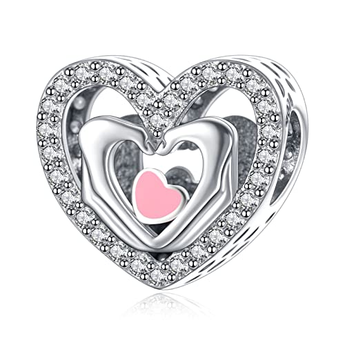 S925 Charms for Bracelets and Necklaces, Gifts for Mothers Nurses Day Graduation, for Girlfriend Family Friend, Bead Pendant, for Pandora, Silver 14K Gold Plated Enamel CZ, DIY Jewelry Making - style: 11 Hand Heart Charms