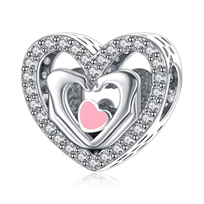 S925 Charms for Bracelets and Necklaces, Gifts for Mothers Nurses Day Graduation, for Girlfriend Family Friend, Bead Pendant, for Pandora, Silver 14K Gold Plated Enamel CZ, DIY Jewelry Making - style: 11 Hand Heart Charms
