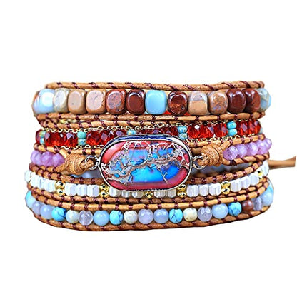 Women Wrap Bracelet Boho Natural Jasper Crystal Stone Beads Strand Bracelets - color: Style 12-Emperor Stone