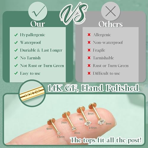 LOLIAS 14K Gold Plated Threadless Nose Studs, Nose Rings for Women 20G 18G | Hypoallergenic 316L Surgical Steel Labret Studs, Push In Flat Back Earrings, CZ Nose Nostril Tragus Helix Piercing Jewelry - color: 14K Gold Plated, size: 18G-1.5/2./2.5/3mm CZ