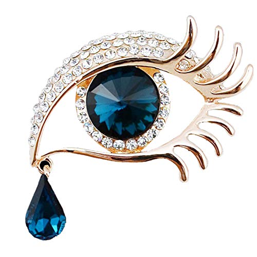 Angel Tears Brooch Pins, Elegant Rhinestone Sapphire Big Eyes Alloy Long Eyelashes Corsage Breastpin for Women Jewelry - color: Gold＋Blue