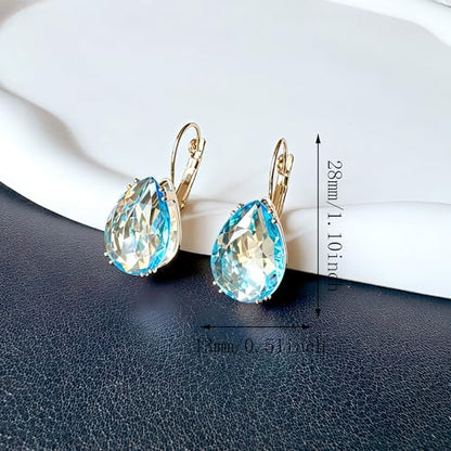 14K Gold Teardrop Crystal Leverback Earrings Sparkly Rhinestone Water Droplet Dangle Drop Earrings For Women - color: Sky Blue
