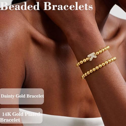 Initial Stack Bracelet Set for Women Trendy 14K Gold Plated Beaded Stackable Stacking Stretch Name Bracelets Dainty Friendship Waterproof Charm Cute Birthday Jewelry Gifts for Women - color: Initial K
