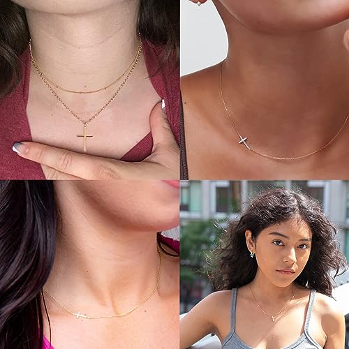 Poxtex Cross Necklace for Women Teen Girls, Dainty 14K Gold Silver Plated Cross Choker Jewelry Non Tarnish Waterproof Cute Simple Small Necklace Christian Baptism Religious Faith Jewelry Gifts - color: 08 Stack Cross CZ Necklace - Gold
