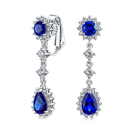 Bling Jewelry Vintage Style Bridal Simulated Blue Sapphire Statement Pave Crown Halo Cubic Zirconia AAA CZ Long Dangling Oval Teardrop Chandelier Clip On Earrings For Women Non-Pierced