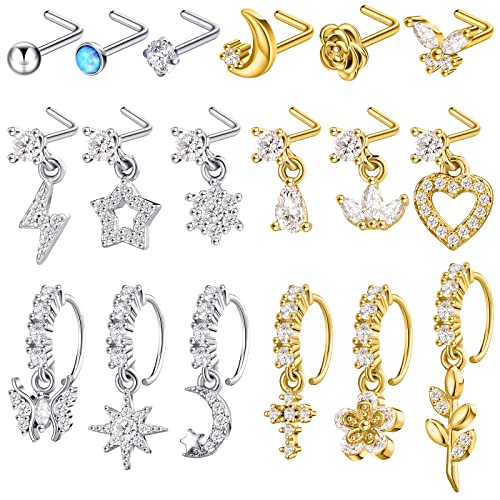 18 Pcs Dangle Nose Ring L Shaped Dangling Nose Stud Nose Ring Hoop Indian Nose Piercing Jewelry with Charm - color: Gold, Silver
