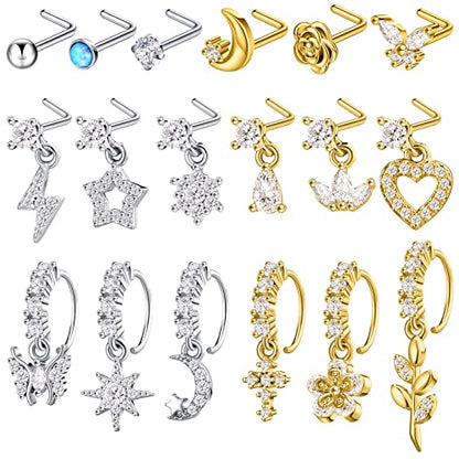 18 Pcs Dangle Nose Ring L Shaped Dangling Nose Stud Nose Ring Hoop Indian Nose Piercing Jewelry with Charm - color: Gold, Silver