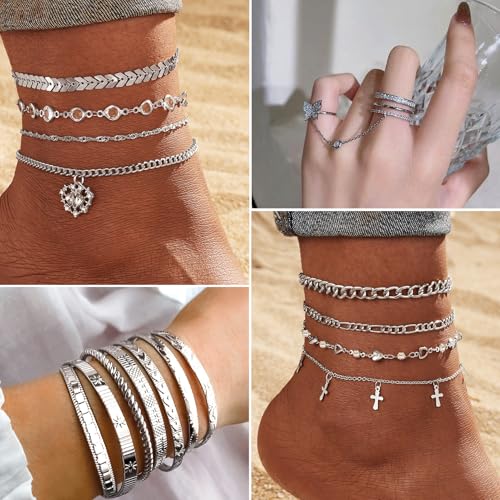 17IF 53 PCS(8 PACK) Silver Plated Jewelry Set for Women，4 Styles | with 6 Necklace 11 Ankle Bracelet 30 Kunckle Ring 6 Pair Earring Hoop Vintage Boho Pearl Birthday Travel Holiday - style: Vintage-1