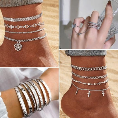 17IF 53 PCS(8 PACK) Silver Plated Jewelry Set for Women，4 Styles | with 6 Necklace 11 Ankle Bracelet 30 Kunckle Ring 6 Pair Earring Hoop Vintage Boho Pearl Birthday Travel Holiday - style: Vintage-1