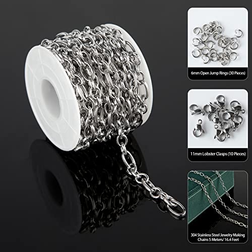 UMAOKANG Silver Stainless Steel Embossed Cable Chains for Jewelry Making | 16.4 Feet Thick Oval Link Chains Bulk Heavy Men Hip-pop Necklace DIY Chain with Jump Rings Lobster Clasps - color: Silver Embossed Rolo