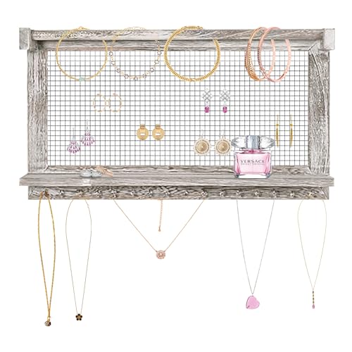 Rustic Wall Mounted Jewelry Organizer with Removable Bracelet Rod & Shelf - Multi-Functional Earring Holder, Necklace Organizer and Bracelet Stand with Hooks for Jewelry Storage and Display