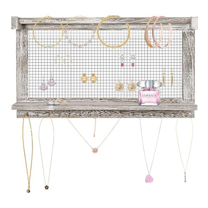Rustic Wall Mounted Jewelry Organizer with Removable Bracelet Rod & Shelf - Multi-Functional Earring Holder, Necklace Organizer and Bracelet Stand with Hooks for Jewelry Storage and Display