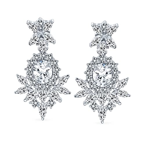 Cocktail Leaf Motif Multi Color CZ Chandelier Clip-On Earrings Silver Plate - color: Clear