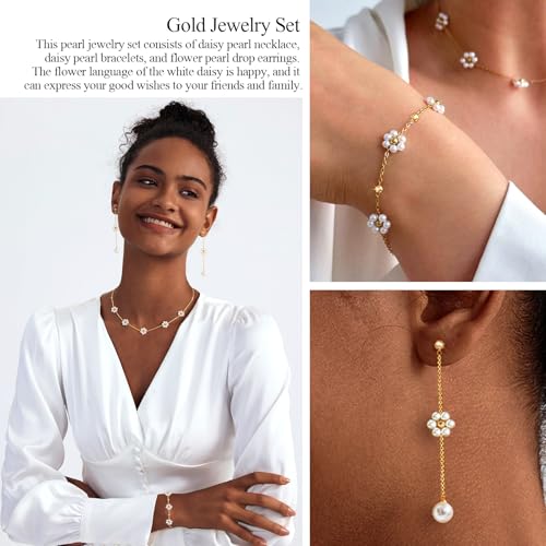 Zeffy Gold Pearl Necklace for Women, Dainty 14K Gold/Silve Plated Layered Pearl Choker Pearl Earrings Pearl Bracelets Wedding Trendy Gold Jewelry Set for Women Gifts - style: Gold Daisy Pearl Necklace&Drop Earrings&Bracelet-3PCS