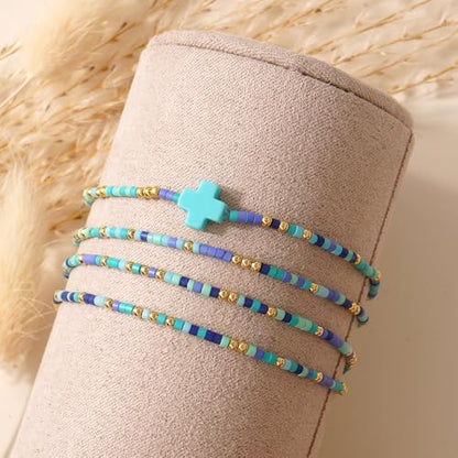 Christian Cross Christmas Stackable Seed Beaded Bracelets for Women, Boho Colorful Healing Stretch Accessories God Christ Pray Faith Amulet Jewelry, Daily Party Holiday Friendship Gift - color: Blue