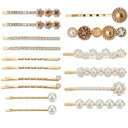 16Pcs Bobby Pins for Women Cute Rhinestone & Pearl Decorative Hair Clips Gold Hair Barrettes, Hair Accessories for Everyday Fashion Style & Party (16, Gold)