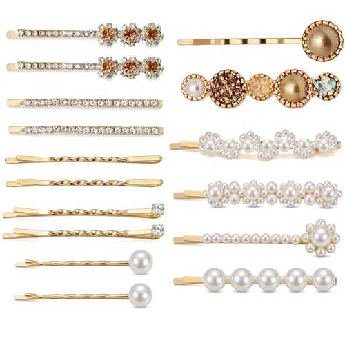 16Pcs Bobby Pins for Women Cute Rhinestone & Pearl Decorative Hair Clips Gold Hair Barrettes, Hair Accessories for Everyday Fashion Style & Party (16, Gold)