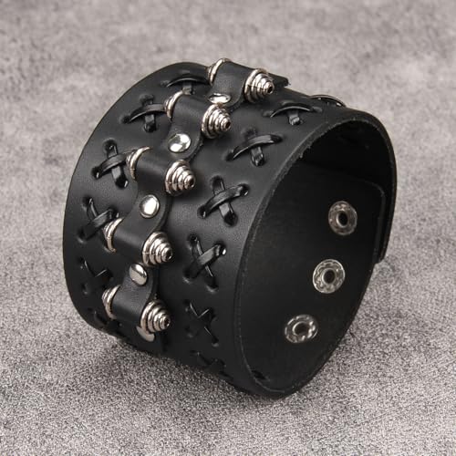 Jeilwiy Punk Leather Wristbands for Men Bracelets Handmade Wide Cuff Bangle Braided Jewelry Black Brown Adjustable - Punk Father's Gifts - color: 05 Leather Cuff Bracelet Black