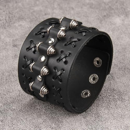 Jeilwiy Punk Leather Wristbands for Men Bracelets Handmade Wide Cuff Bangle Braided Jewelry Black Brown Adjustable - Punk Father's Gifts - color: 05 Leather Cuff Bracelet Black