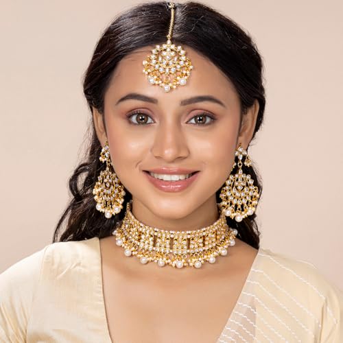 Aheli Elegant Indian Faux Kundan Studded Choker Necklace with Maang Tikka Set Ethnic Wedding Wear Bharatanatyam jewellery set Gift for Women - color: White