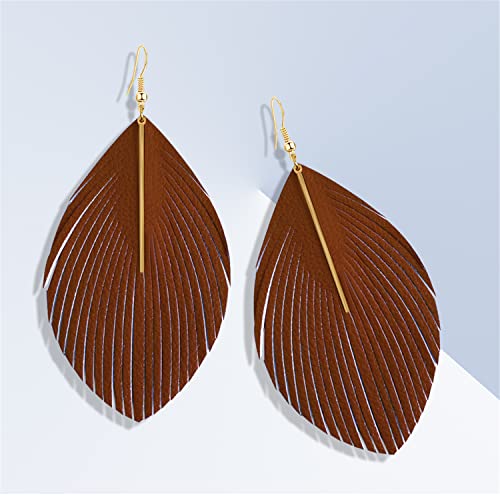 Bohemian Handmade Lightweight Color Large Genuine Soft Leather Fringe Feather Leaf Tear Dangle Drop Earrings for Women Statement - color: Brown