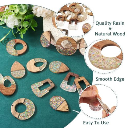 Beadthoven 16Pcs/8 Pairs Resin Wood Earrings Pendants, Colorful Glittery Clear Wooden Charms Pieces Boho Earrings Making Kit for Jewelry Making DIY Craft Women Mix Shapes - color: Clear Glittery Mix