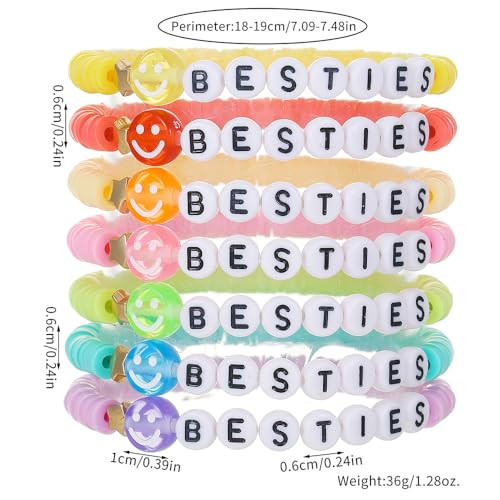 Friendship Bracelets for Women - Heishi Surfer Colorful Smile Evil Eye Clay Beaded Stretch Bracelets Elastic Layering - Stackable Boho Disc Y2K Aesthetic Summer Jewelry Set. - color: Besties Bracelets 7pc