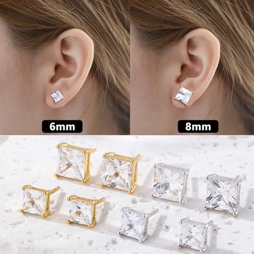 FEEL STYLE 18K White Gold Plated 925 Sterling Silver Princess Cut Cubic Zirconia Stud Earrings for Women Men - 6/8MM Square CZ Stud Earring Jewelry Gifts Hypoallergenic (Silver, 8mm)