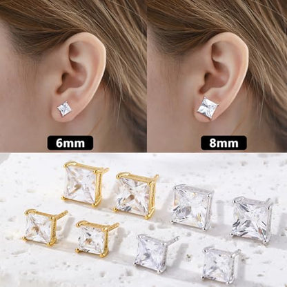 FEEL STYLE 18K White Gold Plated 925 Sterling Silver Princess Cut Cubic Zirconia Stud Earrings for Women Men - 6/8MM Square CZ Stud Earring Jewelry Gifts Hypoallergenic (Silver, 8mm)