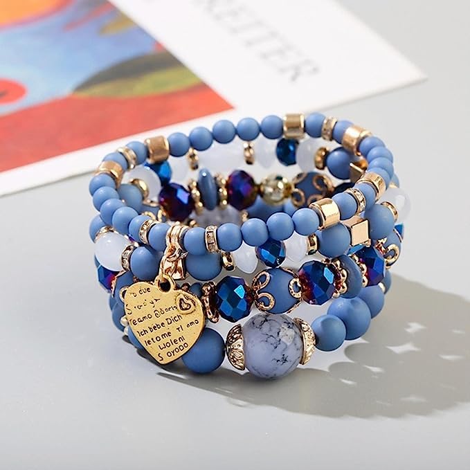 Women Beaded Bracelet Set | Colorful Boho Stackable Trendy Design with Crystal Accents Multilayer Bangle Bracelet | Fashion Stretch Braclets Jewelry for Women - color: Blue