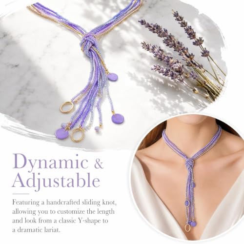 Coiris Long Seed Beaded Multi Strand Necklace,10 Multiple Statement Long Bib Necklace with Tie Knot for Women and Girls Jewelry - color: Purple