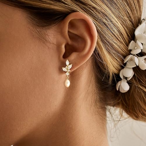 Pearl Earrings for Women:Gold Wedding Dangle Drop Earring Pearl Jewelry | 14K Gold Plated Pearl Drop Earrings for Women,Dainty Wedding Bride Earring Studs,Gold Dangle Drop Earring,Waterproof Jewelry - size: 1 pcs-12