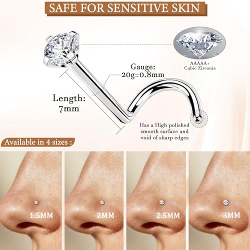 15PCS 14K Gold Plated Nose Rings Studs Set for New Piercing Beginners - color: 8pcs/Screw/20G/Silver