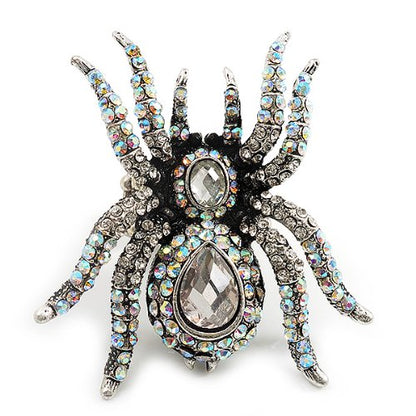 Avalaya Oversized Clear Crystal Spider Stretch Cocktail Ring (Silver Tone)