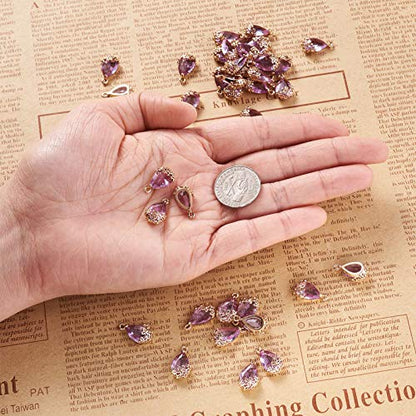 FASHEWELRY 50Pcs Faceted Transparent Glass Teardrop Pendants Crystal Glass Dangle Oval Drop Bead Charms with Golden Flower Open Back Settings for Jewelry Craft Making (Medium Purple) - color: Purple