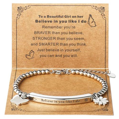DS Inspirational Bracelet for Women Christian Engraved Bibler Verse Cross Butterfly Daisies Charm Bracelet, Exquisite Stainless Steel Jewelry Daughter Best Friend Bestie - style: Believe in you like i do--Silver 2