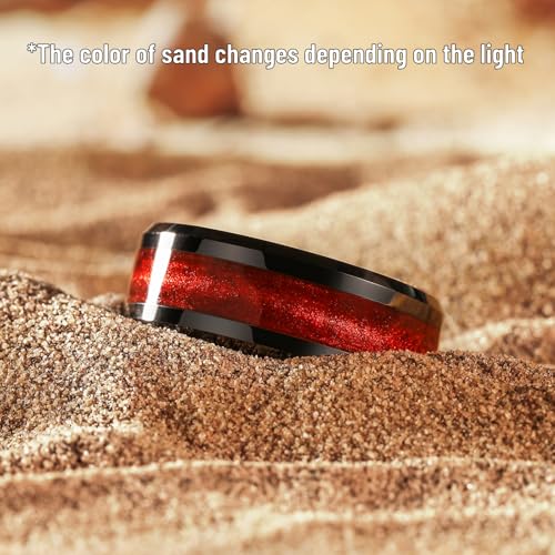King Will Mens Galaxy Tungsten Wedding Band | 6mm/8mm, Beveled Edge, Comfort Fit, Durable, Sandstone Opal Inlay Polished, Everyday Wear - color: Black&Red