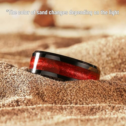 King Will Mens Galaxy Tungsten Wedding Band | 6mm/8mm, Beveled Edge, Comfort Fit, Durable, Sandstone Opal Inlay Polished, Everyday Wear - color: Black&Red
