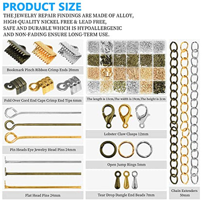 Jewelry Making DIY Kit Accessories, Jewelry Repair Tool Set with Ribbon Crimp Ends, Lobster Clasps, Head Pins, Eye Pins, Jump Rings, Extender Chain, Teardrop Dangle End Beads, Cord Crimp End Tips