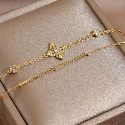 16K Gold Plated Bracelets Set for Women - Dainty Layered Adjustable Hand Chain Bracelet with Cubic Zirconia, Cute Jewelry Gift for Her, Waterproof Hypoallergenic - color: Clover Flower