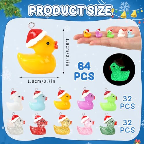 64Pcs Christmas Resin Duck Charm, Luminous Glitter Mini Duck Pendant | Premium Resin, Xmas Ducks Figurines Ornament Pendant, DIY Crafts, Bracelet Necklace Earrings Jewelry Making Decorations - style: Christmas Ducks Style