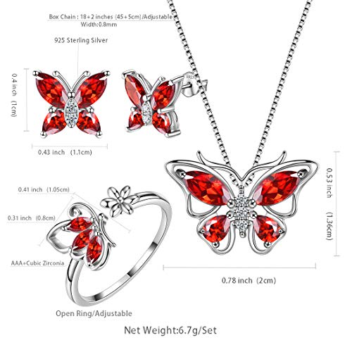 Aurora Tears Butterfly Jewelry,Women 925 Sterling Silver Butterflies Birthstone Pendant Necklace/Earrings/Rings Wedding Gift - color: A.January-set 2