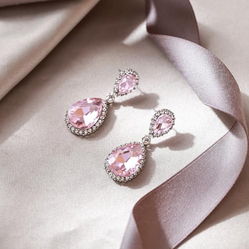 EVER FAITH Women's Austrian Crystal Wedding Tear Drop Dangle Earrings | Bridal Prom Jewelry for Bride Bridesmaid - color: Pink Silver-Plated-Base