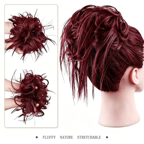 HMD Tousled Updo Messy Bun Hair Piece for Women Curly Hair Bun | Synthetic Messy Hair Bun Scrunchies Tousled Updos Ponytail Hairpieces for Daily Wear - color: Dark Wine