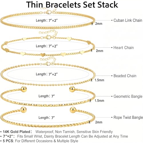 Dainty Gold Bracelet for Women Trendy Non Tarnish, Thin Bracelets Stackable Set with Bangle Cuff, Box, Herringbone, Paperclip, Figaro, Sparkling Link Chains Waterproof, Simple Jewelry Gifts for Women - color: Gold-cuban/cuff/heart/beaded/twisted/rope